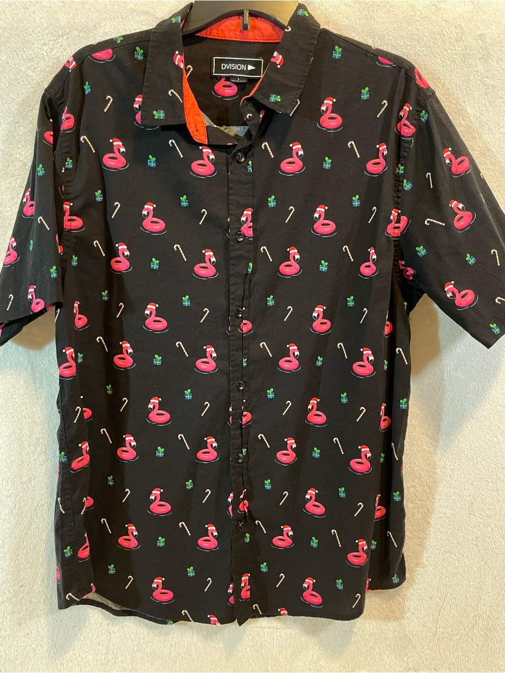 Holiday Black Short-Sleeve Button-Down Shirt with Pink Flamingos and Candy-canes